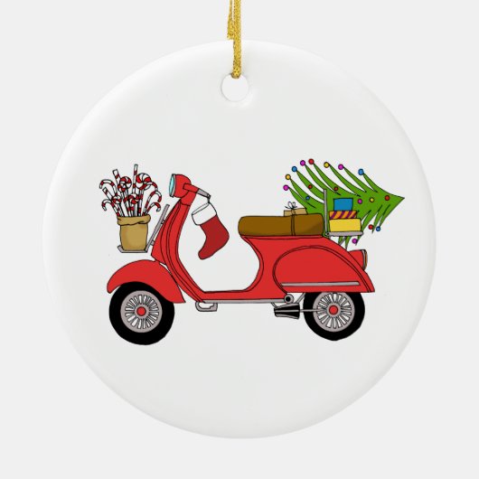 Met de hand getekende retro kerstscooter met cadea keramisch ornament (Achterkant)