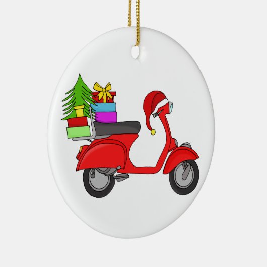 Met de hand getekende retro kerstscooter met cadea keramisch ornament (Rechts)