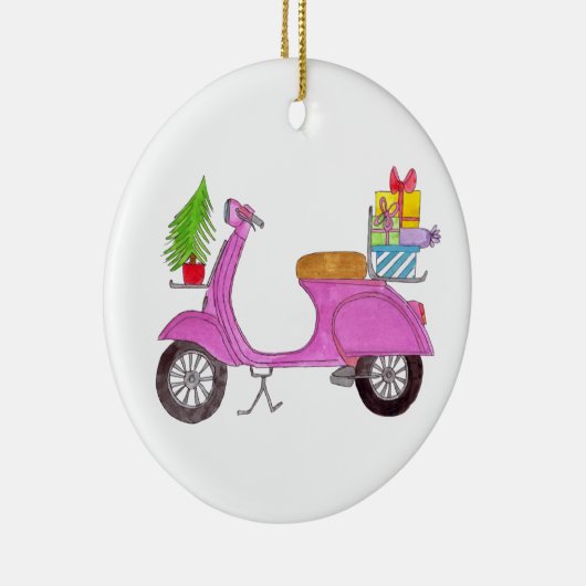 Met de hand getekende retro kerstscooter met cadea keramisch ornament (Rechts)