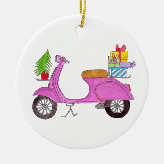 Met de hand getekende retro kerstscooter met cadea keramisch ornament (Voorkant)