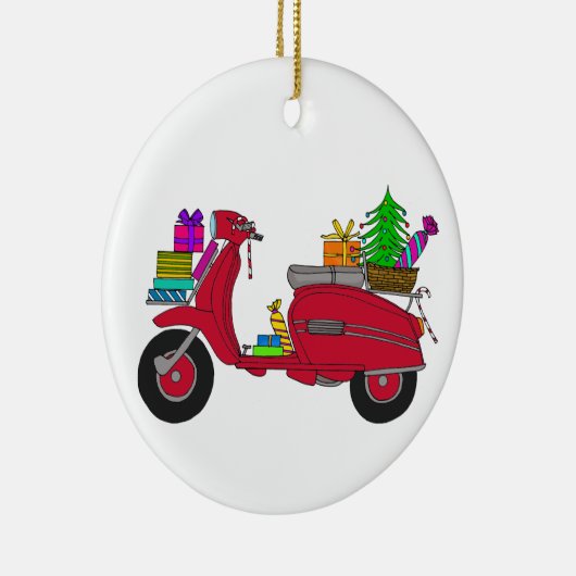 Met de hand getekende retro kerstscooter met cadea keramisch ornament (Rechts)