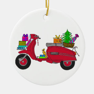 Met de hand getekende retro kerstscooter met cadea keramisch ornament