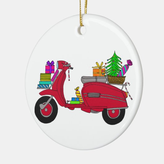 Met de hand getekende retro kerstscooter met cadea keramisch ornament (Links)