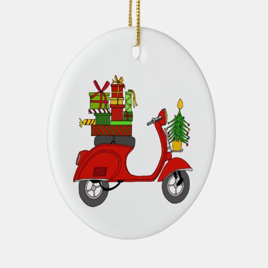 Met de hand getekende retro kerstscooter met gesch keramisch ornament (Rechts)