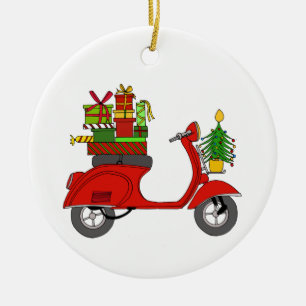 Met de hand getekende retro kerstscooter met gesch keramisch ornament