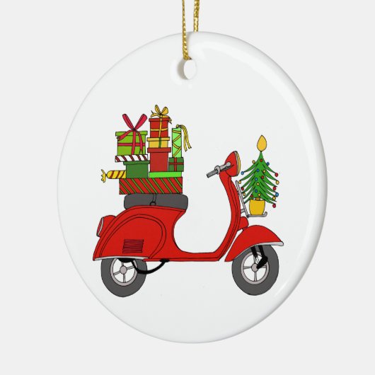 Met de hand getekende retro kerstscooter met gesch keramisch ornament (Links)