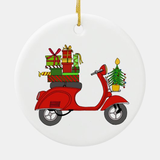 Met de hand getekende retro kerstscooter met gesch keramisch ornament (Achterkant)