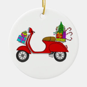 Met de hand getekende retro kerstscooter met gesch keramisch ornament