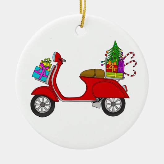 Met de hand getekende retro kerstscooter met gesch keramisch ornament (Voorkant)