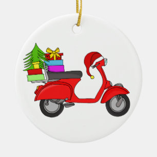 Met de hand getekende retro kerstscooter met gesch keramisch ornament