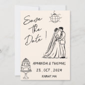 Met de hand getekende retro roomkleurige fantasiev save the date (Voorkant)