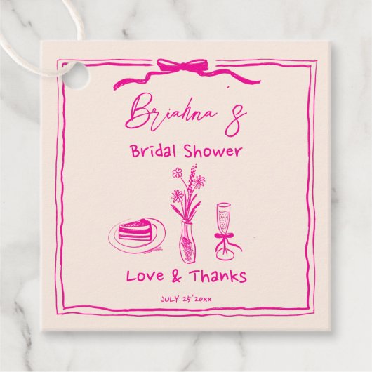 Met de hand getekende retro roze lint bruidsfeest bedankjes labels (Voorkant)