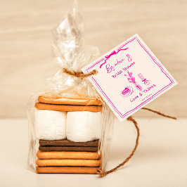 Met de hand getekende retro roze lint bruidsfeest bedankjes labels