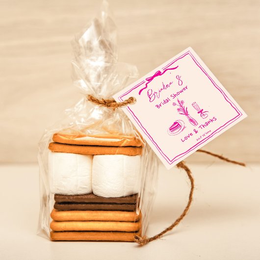 Met de hand getekende retro roze lint bruidsfeest bedankjes labels