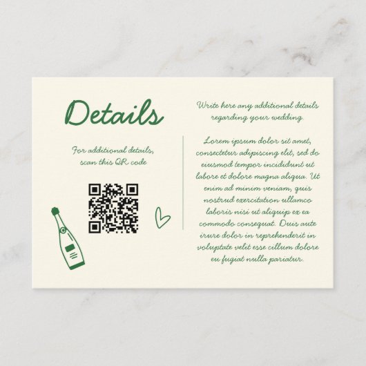 Met de Hand Getekende Retro Schets Groene Trouwdet Informatiekaartje (Voorkant)