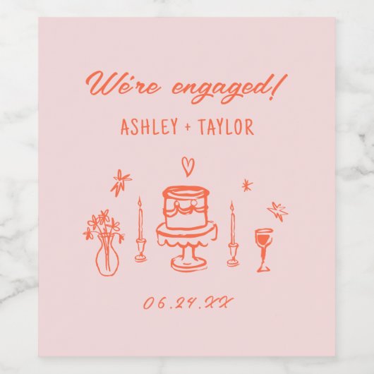 Met de Hand Getekende Retro Verlovingsfeestje Met  Wijn Etiket (Enkel label)