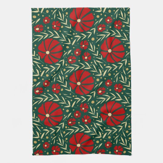 Met de hand getekende rode bloemen en bladeren theedoek (Verticaal)