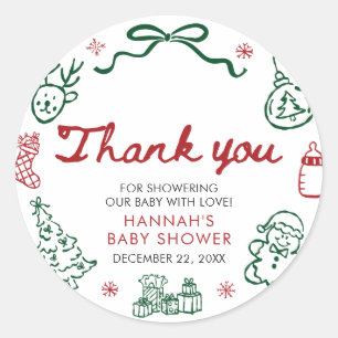 Met de Hand Getekende Rode Groene Winter Kerstmis Ronde Sticker