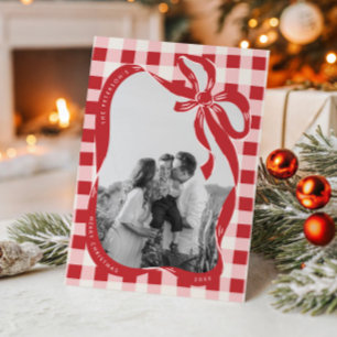 Met de Hand Getekende Rode & Roze Familie Foto Ker Feestdagenkaart