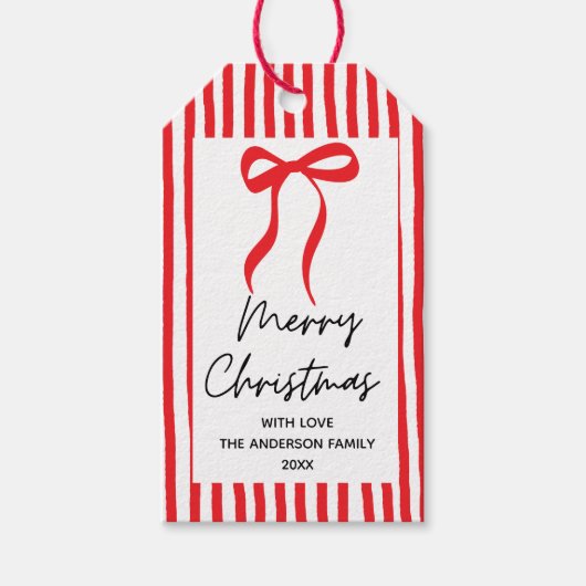 Met de hand getekende rode strik vrolijk kerstfees cadeaulabel (Voorkant)