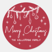 Met de hand getekende rode vrolijk kerstfeest ronde sticker (Voorkant)