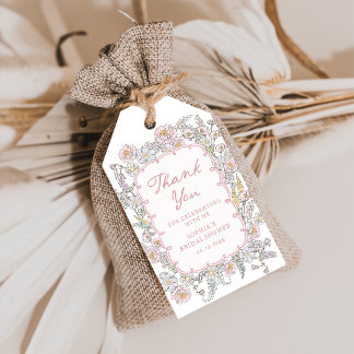 Met de hand getekende roze bloem bruidsfeest cadea cadeaulabel