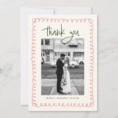 Met de Hand Getekende Roze en Groene Trouwfoto Bedankkaart (Voorkant)