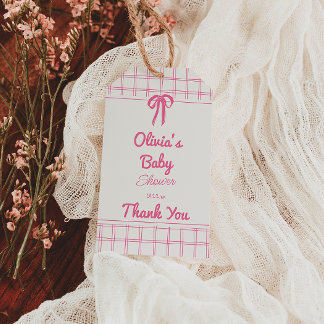 Met de Hand Getekende Roze Gingham Strik Baby Meis Cadeaulabel
