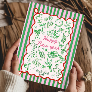Met de hand getekende roze groene gelukkig nieuwja feestdagenkaart