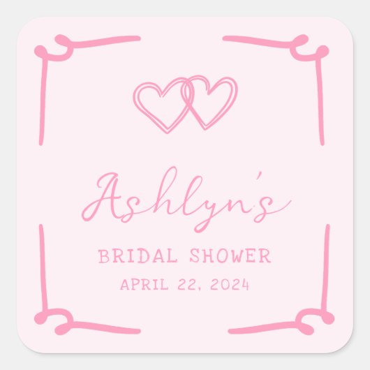 Met de hand getekende roze hart bruidsdouche stick vierkante sticker (Voorkant)
