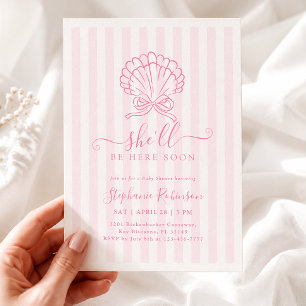 Met de hand getekende roze schelp babyshower uitno kaart
