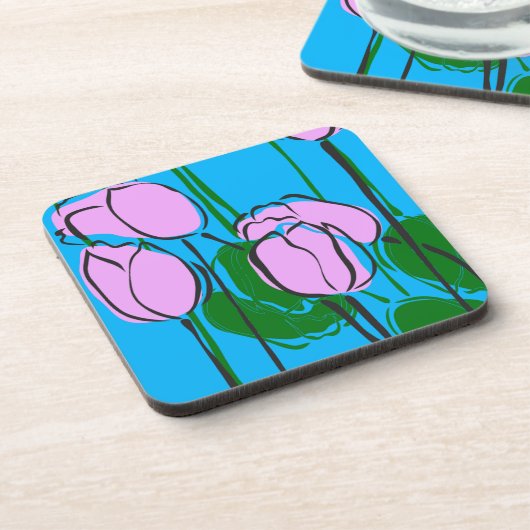 Met de hand getekende roze tulpen op Sky Blue Onderzetter (Linkerzijde)