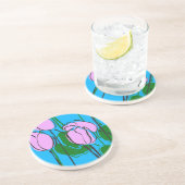 Met de hand getekende roze tulpen op Sky Blue Zandsteen Onderzetter (Zijkant)