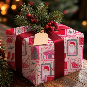 Met de hand getekende roze willekeurige kerstdoodl cadeaupapier