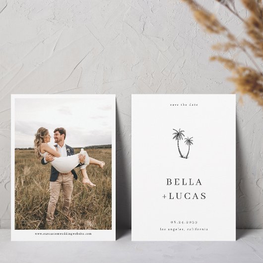 Met de hand getekende schets palmboom foto trouwwe save the date