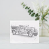 met de hand getekende  schets van de brandweerwage briefkaart (Staand voorkant)