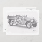 met de hand getekende  schets van de brandweerwage briefkaart (Voorkant / Achterkant)