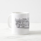 met de hand getekende  schets van de brandweerwage koffiemok (Voorkant links)