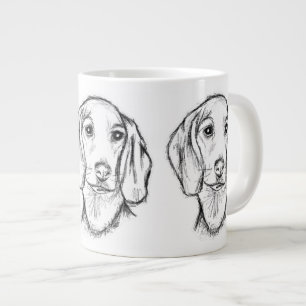 met de hand getekende schets zwarte witte puppy grote koffiekop