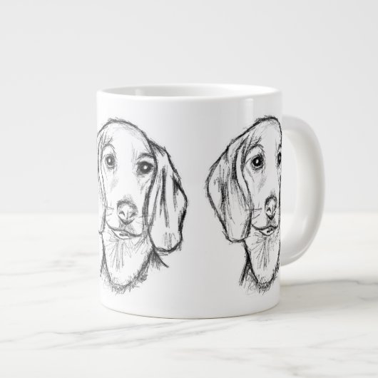 met de hand getekende schets zwarte witte puppy grote koffiekop (Voorkant rechts)