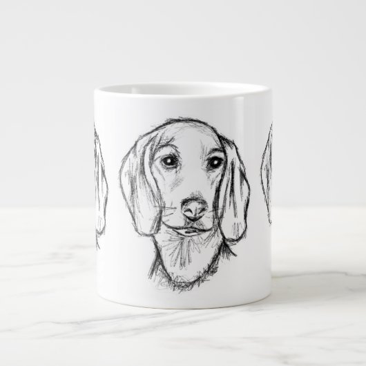 met de hand getekende schets zwarte witte puppy grote koffiekop (Voorkant)