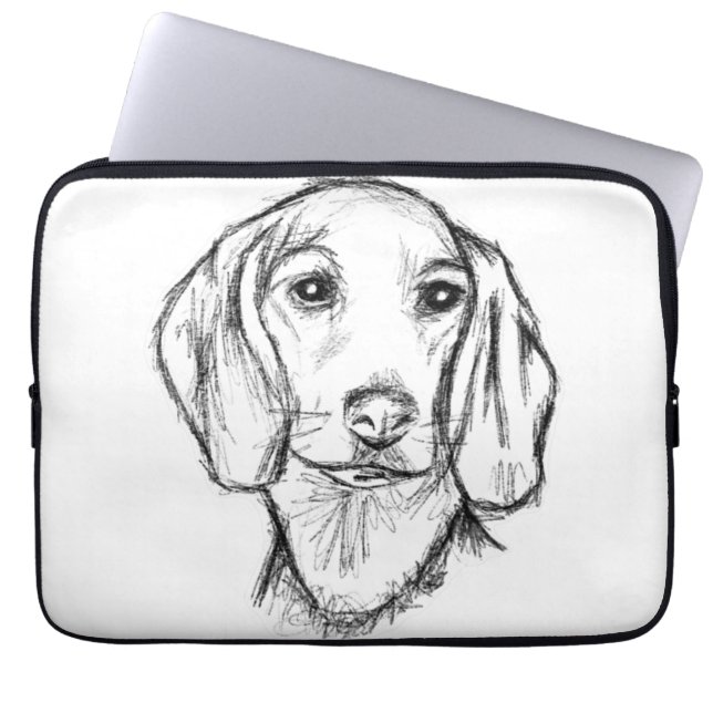 met de hand getekende schets zwarte witte puppy laptop sleeve (Voorkant)