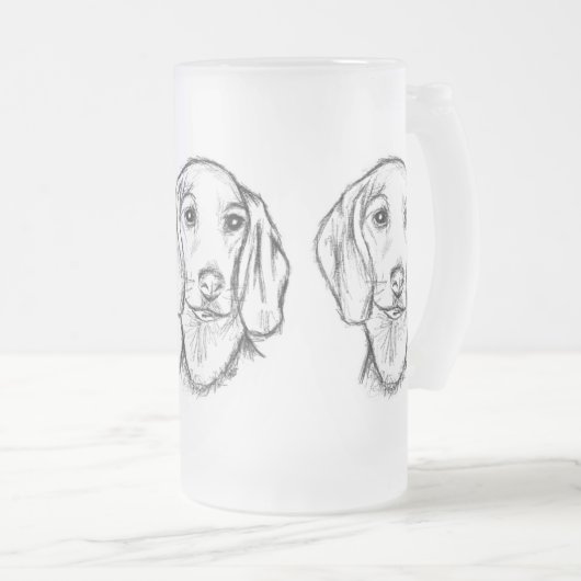 met de hand getekende schets zwarte witte puppy matglas bierpul (Voorkant rechts)