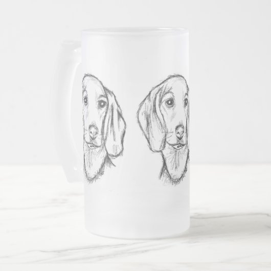 met de hand getekende schets zwarte witte puppy matglas bierpul (Voorkant links)