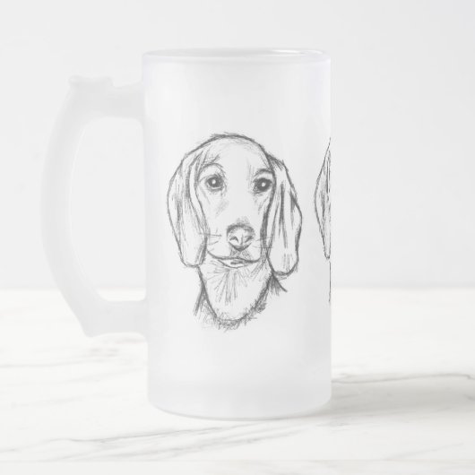 met de hand getekende schets zwarte witte puppy matglas bierpul (Links)