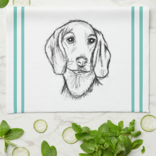 met de hand getekende schets zwarte witte puppy theedoek