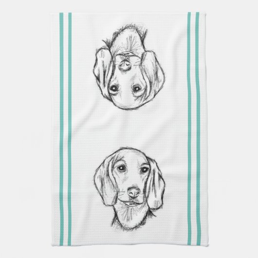 met de hand getekende schets zwarte witte puppy theedoek (Verticaal)