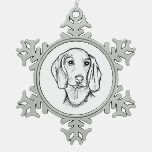 met de hand getekende schets zwarte witte puppy tin sneeuwvlok ornament (Voorkant)