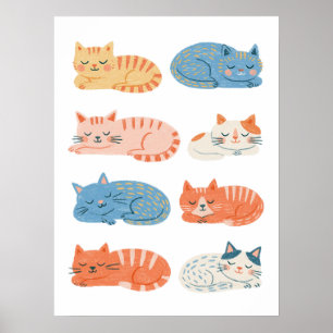 Met de Hand Getekende Slapende Katten Clip Art Vel Poster