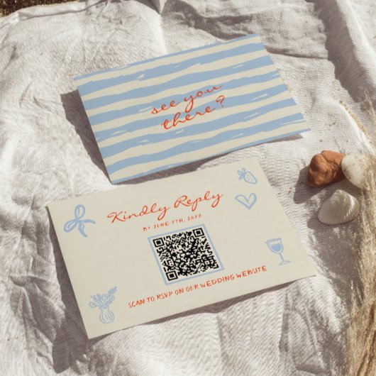 Met de hand getekende speelse QR-code bruiloft RSVP Kaartje
